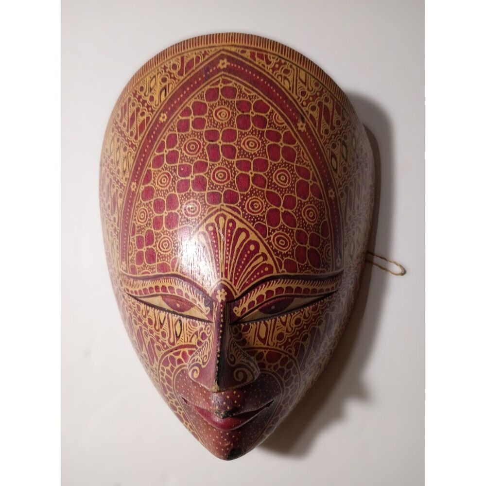 Authentic Vintage Handcrafted Indonesian Batik Wooden Red and Gold Pattern Mask